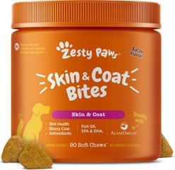 Zesty Paws Skin & Coat Bites Bacon Flavored Soft Chews Omega 3 Fish Oil Supplement for Dogs, 90 count