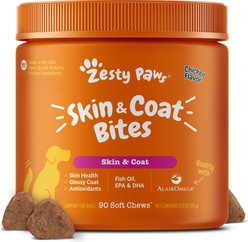 Zesty Paws Skin & Coat Bites Chicken Flavored Soft Chews Omega 3 Fish Oil Supplement for Dogs, 90 count