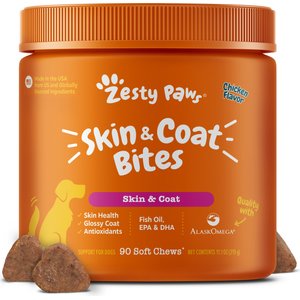 Zesty Paws Skin & Coat Bites Chicken Flavored Soft Chews Omega 3 Fish Oil Supplement for Dogs, 90 count