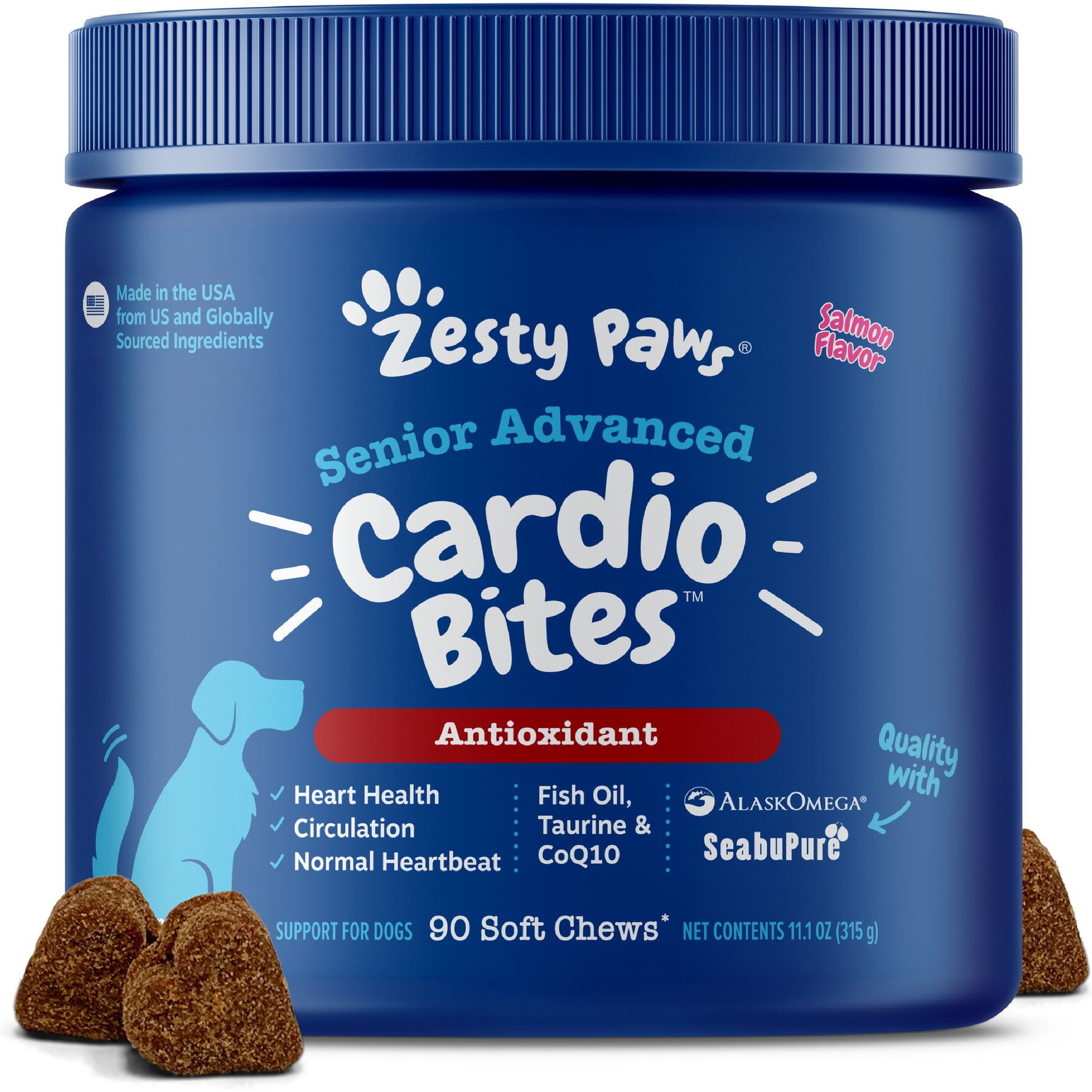 Zesty Paws Senior Advanced Cardio Bites Salmon Flavored Soft Chews Heart Supplement for Dogs, 90 count