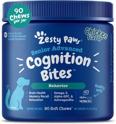 Zesty Paws Advanced Cognition Bites Chicken Flavored Soft Chews Brain & Nervous System Supplement for Senior Dogs, 90 count