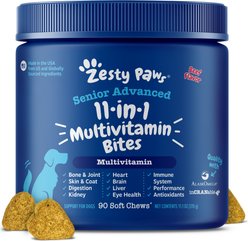 Zesty Paws Senior Advanced 11-in-1 Bites Beef Flavored Soft Chews Multivitamin Supplement for Senior Dogs, 90 count