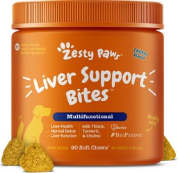 Zesty Paws Liver Support Bites Chicken Flavored Soft Chews Milk Thistle Supplement for Dogs, 90 count