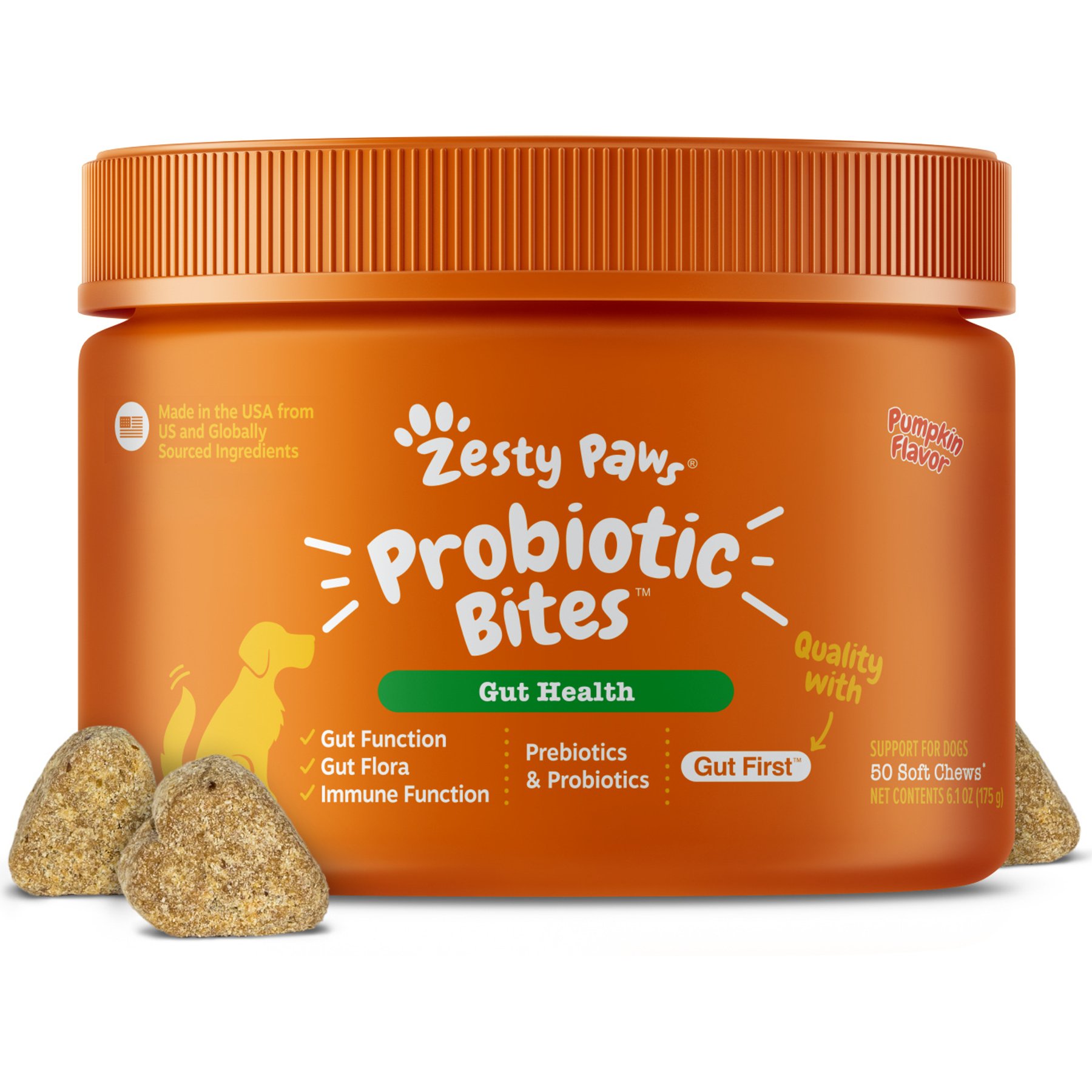 Zesty Paws Probiotic Bites Pumpkin Flavored Soft Chews Gut Flora & Digestive Supplement for Dogs, 50 count