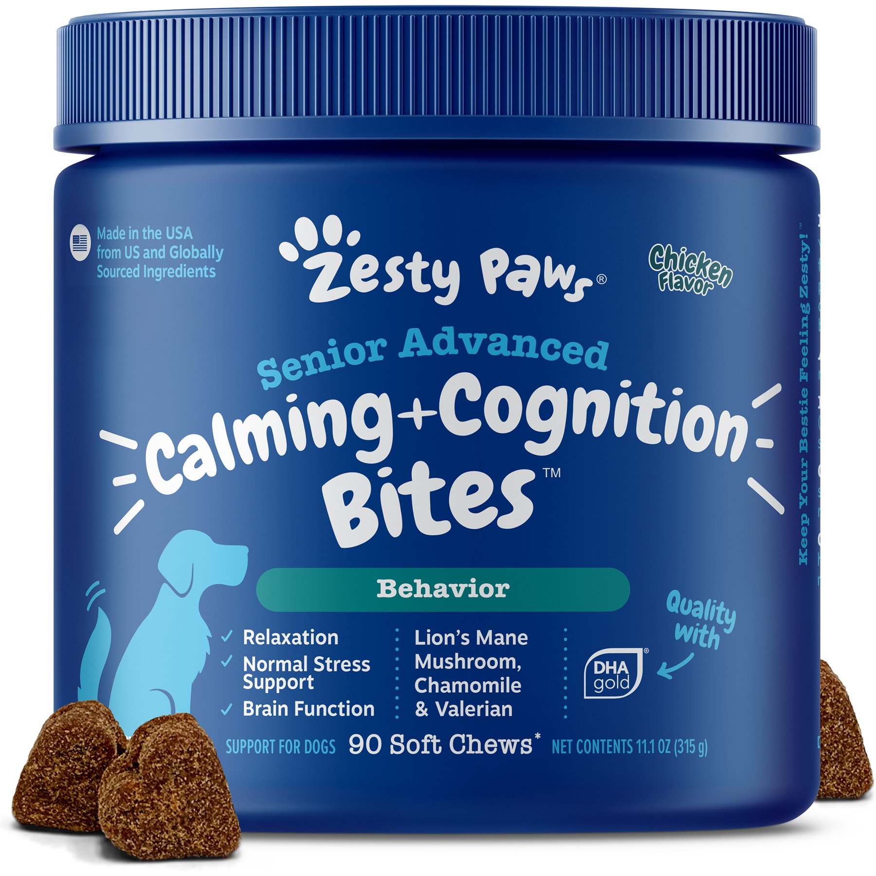 Zesty Paws Senior Advanced Calming + Cognition Bites Chicken Flavor Soft Chews Composure Supplement for Dogs, 90 count