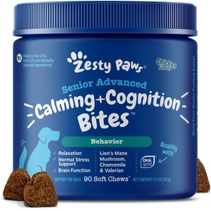 Zesty Paws Senior Advanced Calming + Cognition Bites Chicken Flavor Soft Chews Composure Supplement for Dogs, 90 count