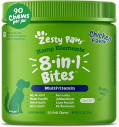 Zesty Paws Hemp Elements 8-in-1 Bites Chicken Flavored Soft Chews Multivitamin for Dogs, 90 count
