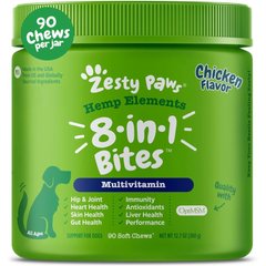 Zesty Paws Hemp Elements 8-in-1 Bites Chicken Flavored Soft Chews Multivitamin for Dogs, 90 count