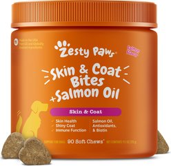 Zesty Paws Skin & Coat Bites Salmon Flavored Soft Chews Salmon Oil Supplement for Dogs, 90 count