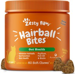 Zesty Paws Hairball Bites Bacon Flavored Soft Chews Digestive Supplement for Cats, 60 count