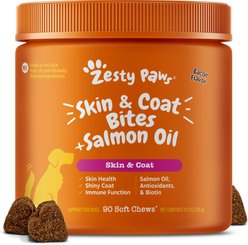 Zesty Paws Skin & Coat Bites Bacon Flavored Soft Chews Salmon Oil Supplement for Dogs, 90 count