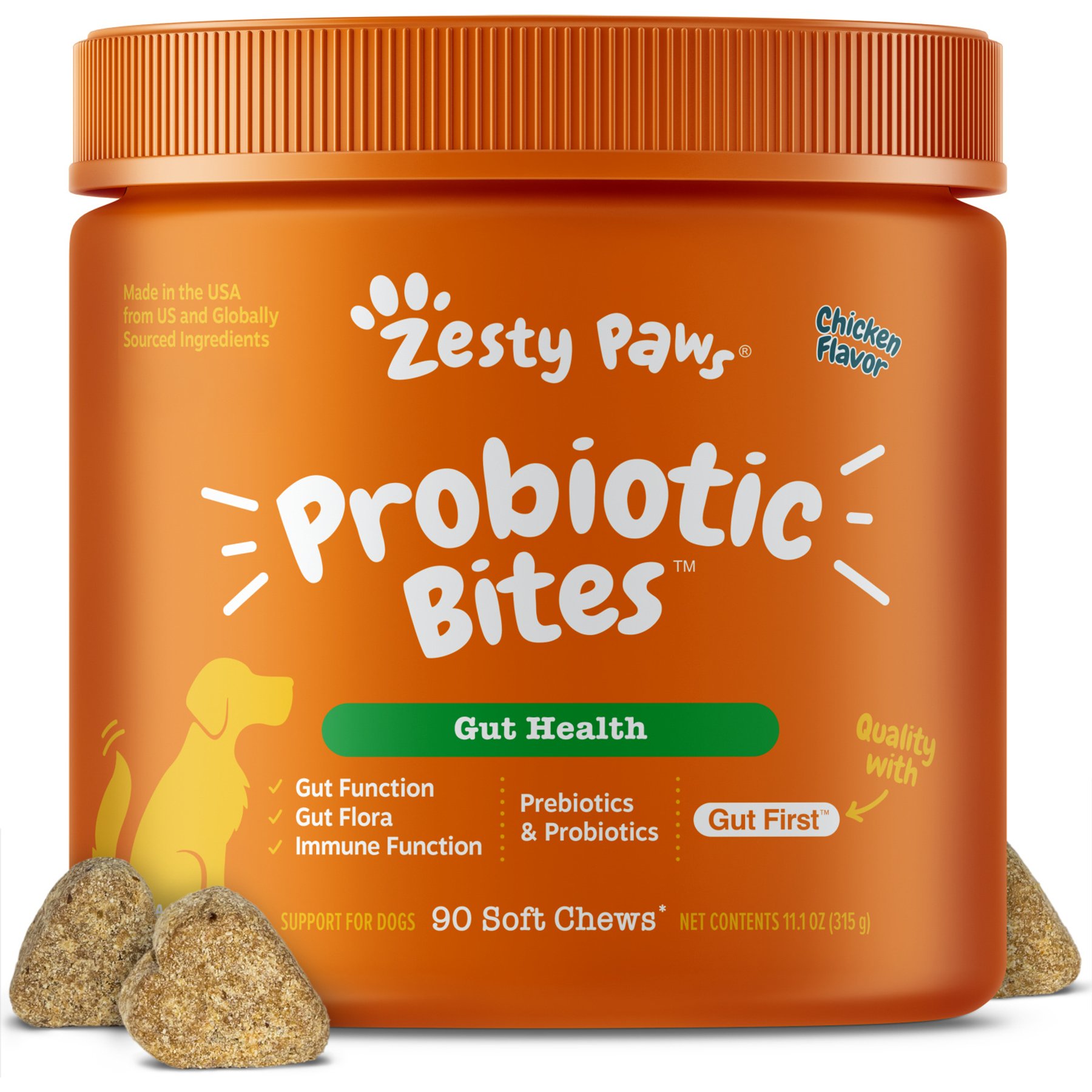 Zesty Paws Probiotic Bites Chicken Flavored Soft Chews Gut Flora & Digestive Supplement for Dogs, 90 count