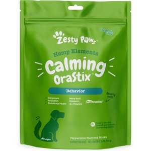 Zesty Paws Hemp Elements Calming Hemp OraStix Peppermint Flavored Dental Chews Melatonin Supplement for Dogs, 25-oz bag