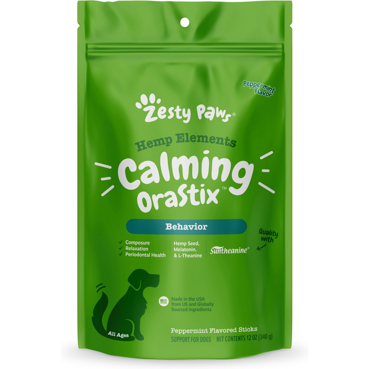 Zesty Paws Hemp Elements Calming Hemp OraStix Peppermint Flavored Dental Chews Melatonin Supplement for Dogs, 12-oz bag