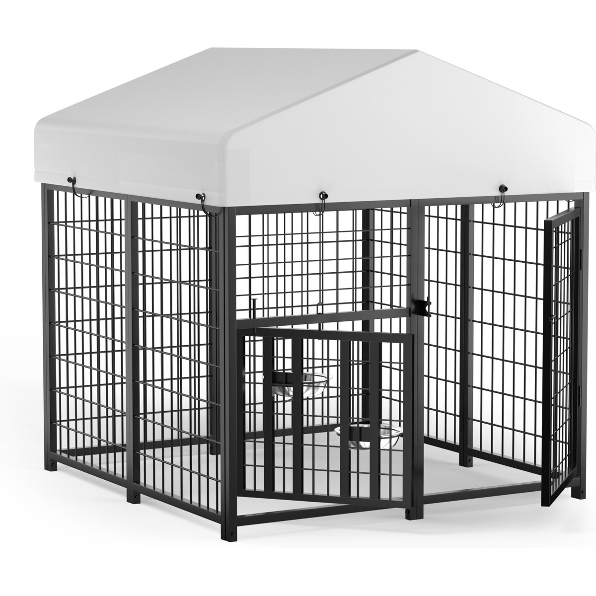 PawsNestParlor Outdoor Run Enclosure Animal Hutch Metal Coop Fence Dog Kennel with Roof Cover, Black, Medium: 4 x 4 x 4.2-ft