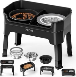 Ptlom Raised Elevated Stand with 1 Stainless Steel, 1 Slow Feeder, 1 No Spill Water Dog Bowl, 7-cup, Black