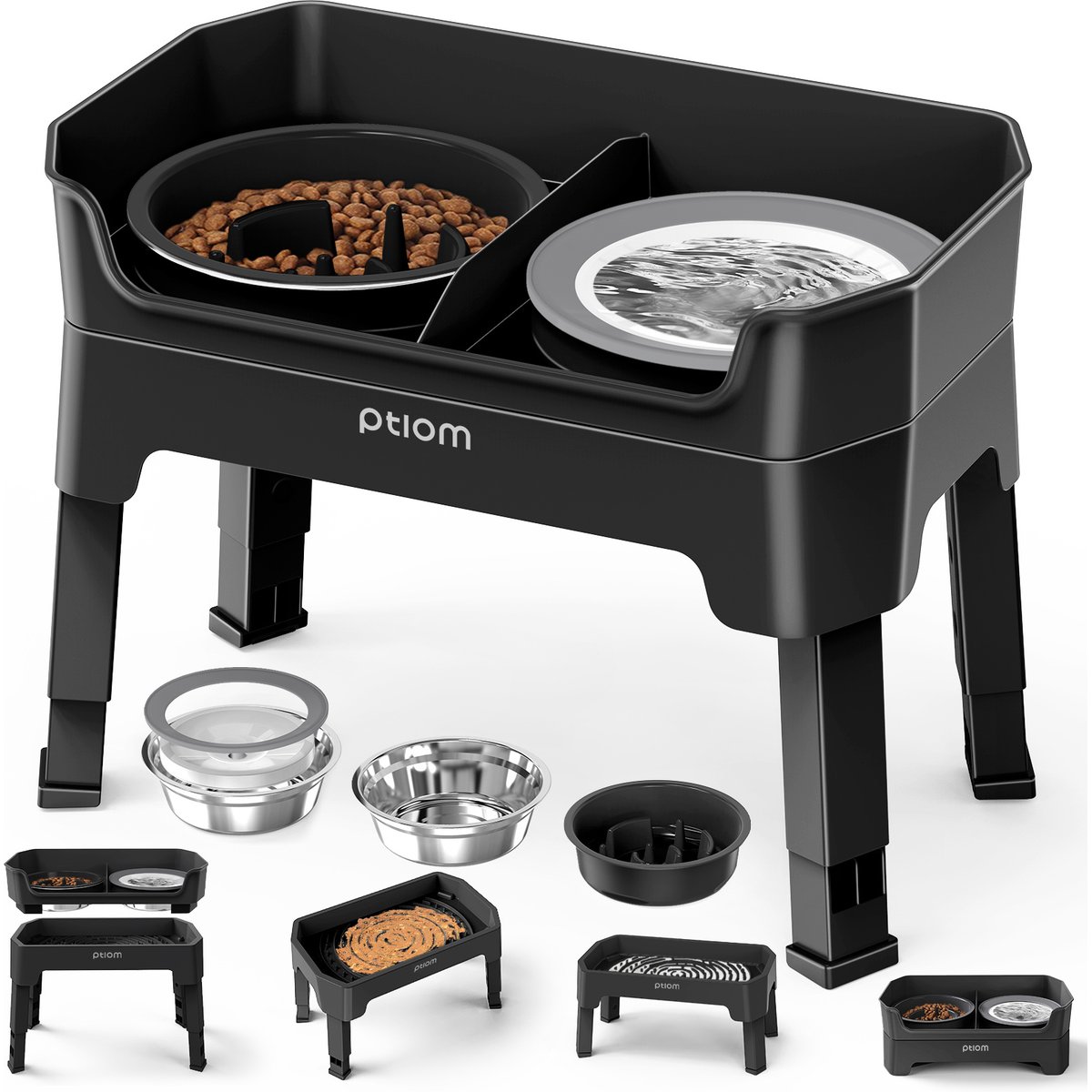 Ptlom Raised Elevated Stand with 1 Stainless Steel, 1 Slow Feeder, 1 No Spill Water Dog Bowl, 7-cup, Black