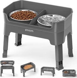 Ptlom Raised Elevated Stand with 2 Stainless Steel Adjustable Slow Feeder Dog Bowl, 7-cup, Grey