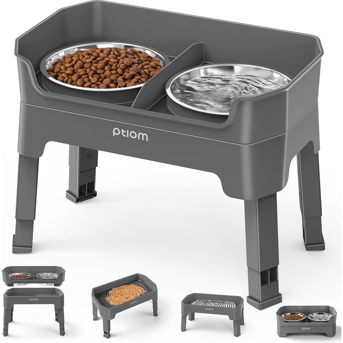 Ptlom Raised Elevated Stand with 2 Stainless Steel Adjustable Slow Feeder Dog Bowl, 7-cup, Grey