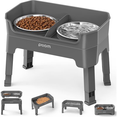 Ptlom Ptlom Raised Elevated Stand with 2 Stainless Steel Adjustable Slow Feeder Dog Bowl, 7-cup, Grey