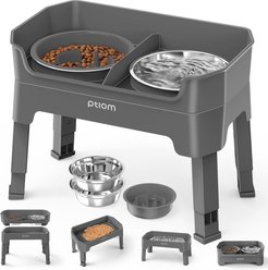 Ptlom Raised Elevated Stand with 2 Stainless Steel, 1 Slow Feeder Dog Bowl, 7-cup, Grey