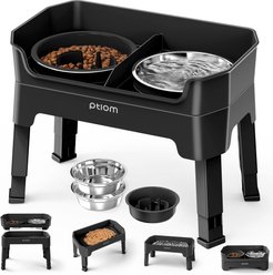 Ptlom Raised Elevated Stand with 2 Stainless Steel, 1 Slow Feeder Dog Bowl, 7-cup, Black