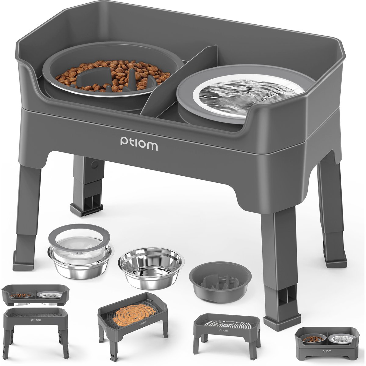 Ptlom Raised Elevated Stand with 1 Stainless Steel, 1 Slow Feeder, 1 No Spill Water Dog Bowl, 7-cup, Grey