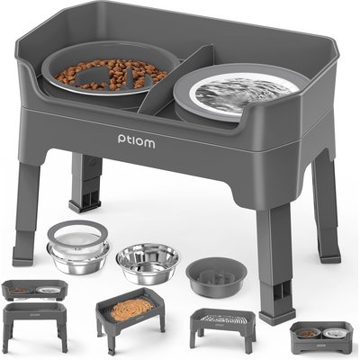 Ptlom Ptlom Raised Elevated Stand with 1 Stainless Steel, 1 Slow Feeder, 1 No Spill Water Dog Bowl, 7-cup, Grey