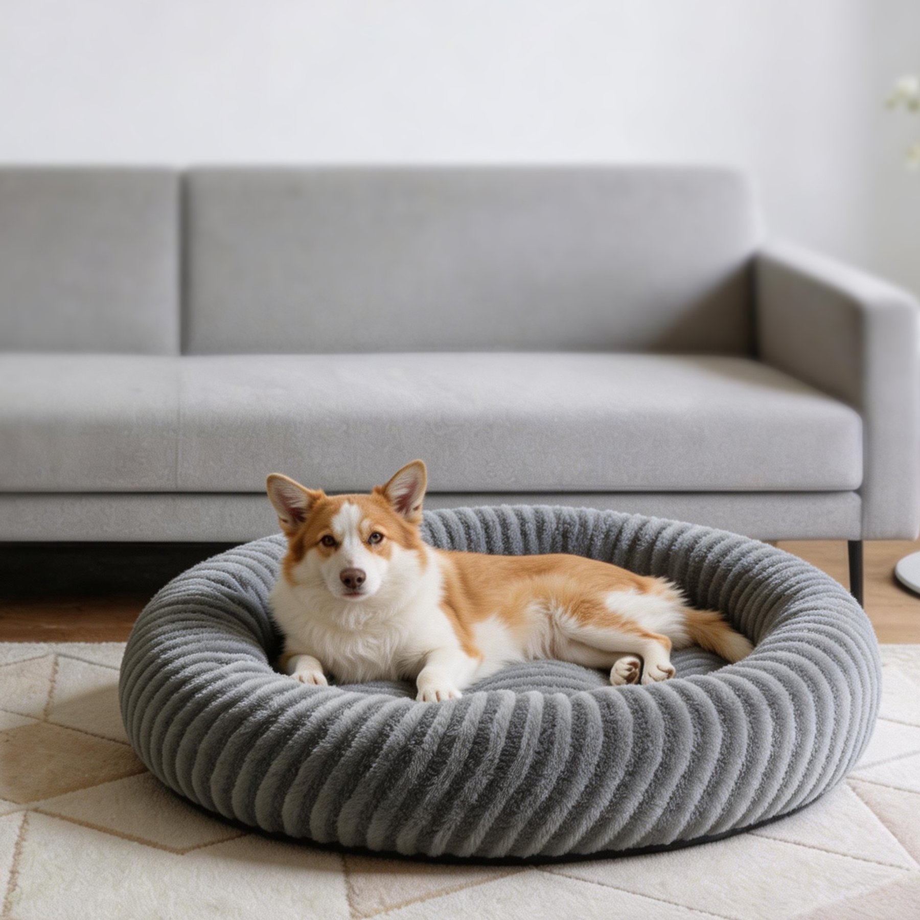 Invenho Donut Cute Round Calming Bolster Dog Bed with Removable Washable Cover, Grey, X-Large: 36 x 36 x 10-in