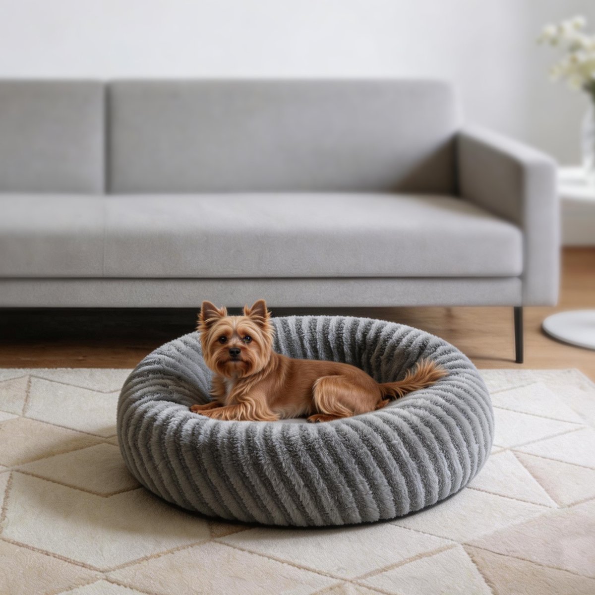 Invenho Donut Cute Round Calming Bolster Dog Bed with Removable Washable Cover, Grey, Medium: 23 x 23 x 8-in