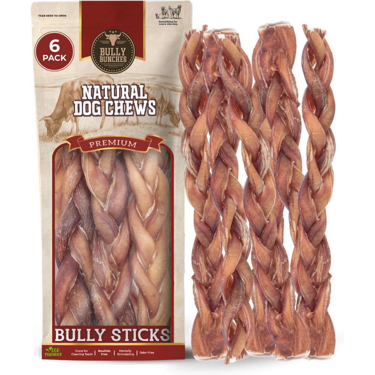 Bully Bunches 12-inch Standard Braided Bully Stick Dog Chew, 6 count