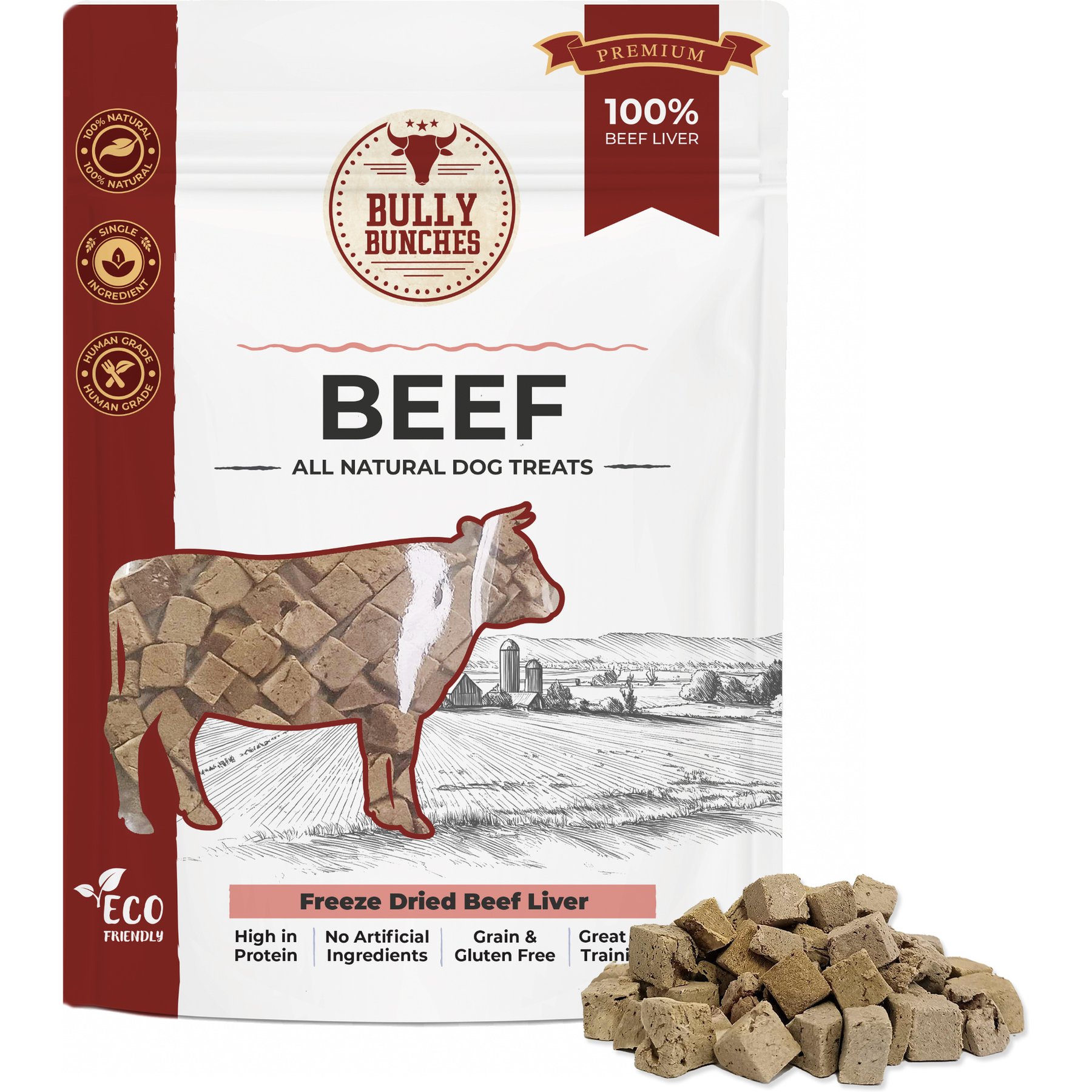 Bully Bunches Human-Grade Beef Liver Cubes Freeze-Dried Dog Treats, 3.5-oz bag