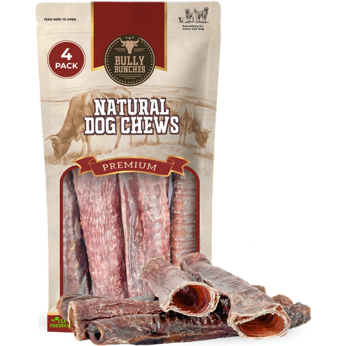 Bully Bunches 12-inch Beef Trachea Wrapped in Jerky Natural Dog Chew, 4 count
