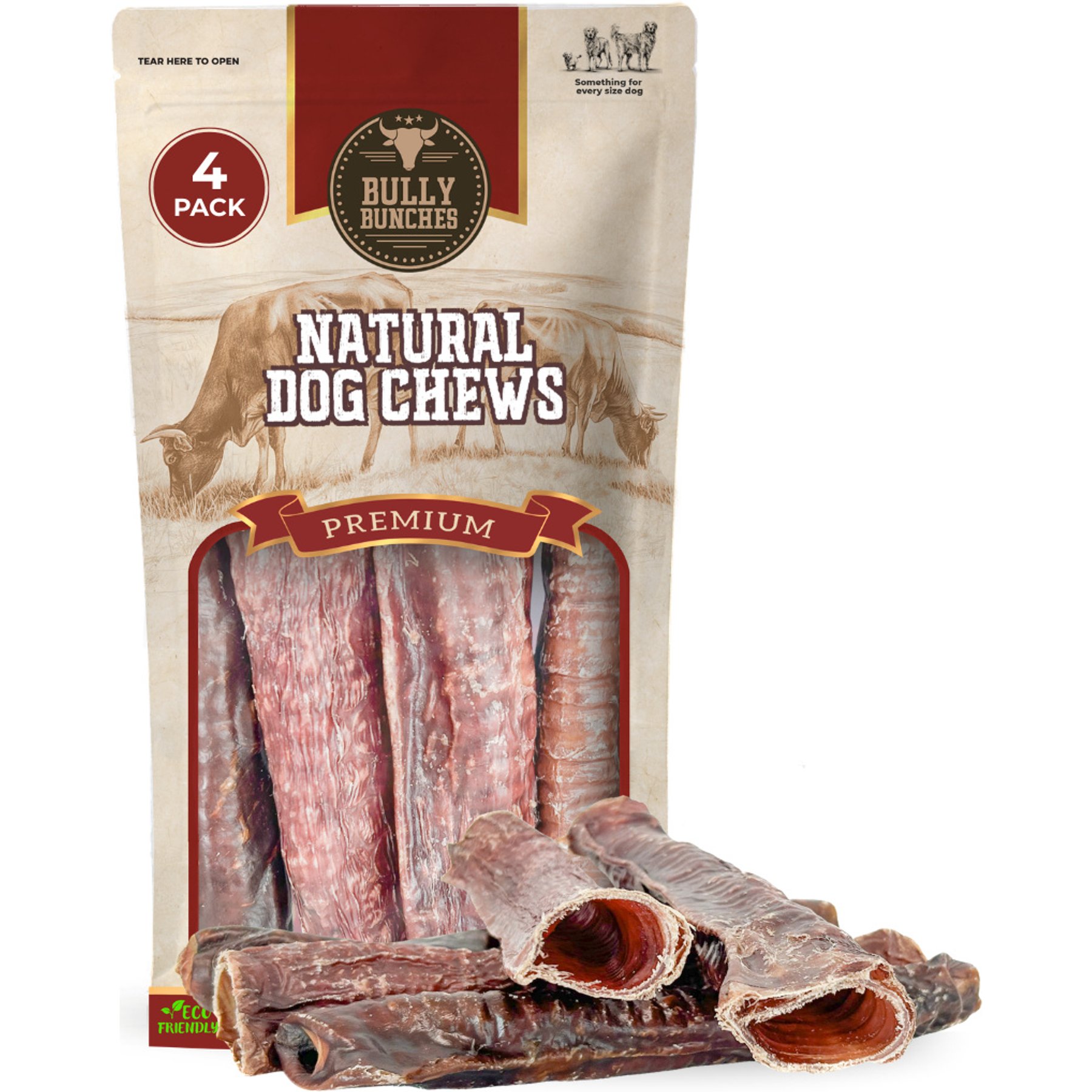 Bully Bunches 12-inch Beef Trachea Wrapped in Jerky Natural Dog Chew, 4 count