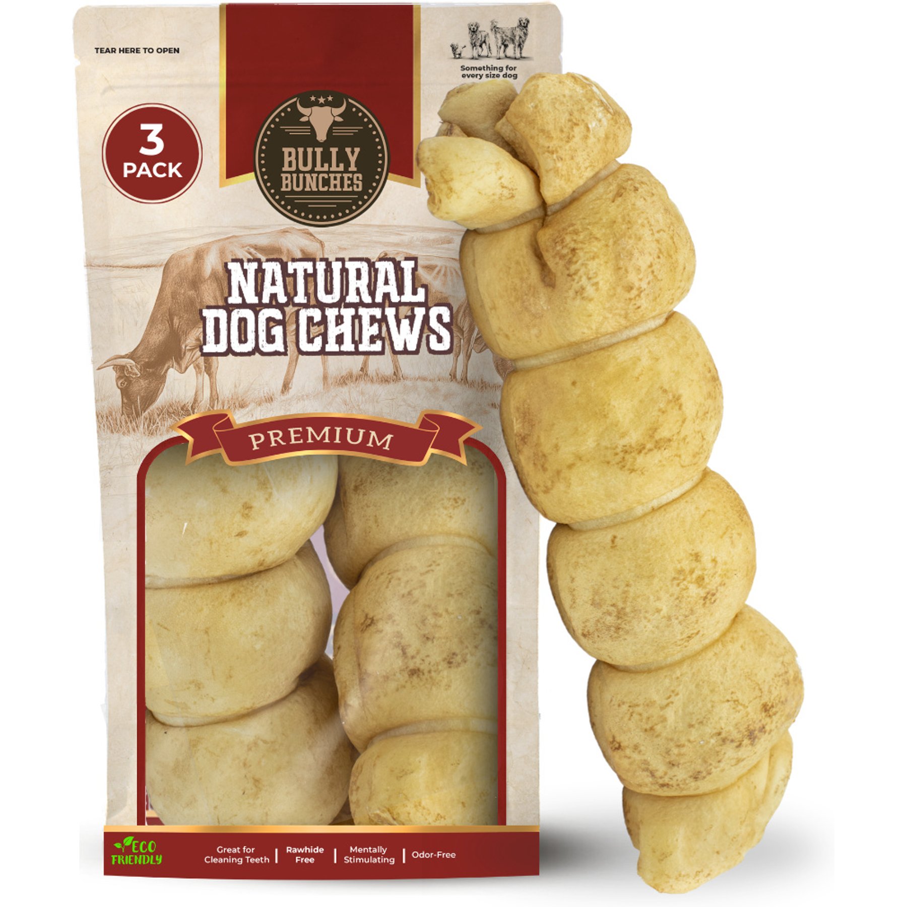 Bully Bunches 12-inch Peanut Butter Cheek Roll Natural Dog Chew, 3 count