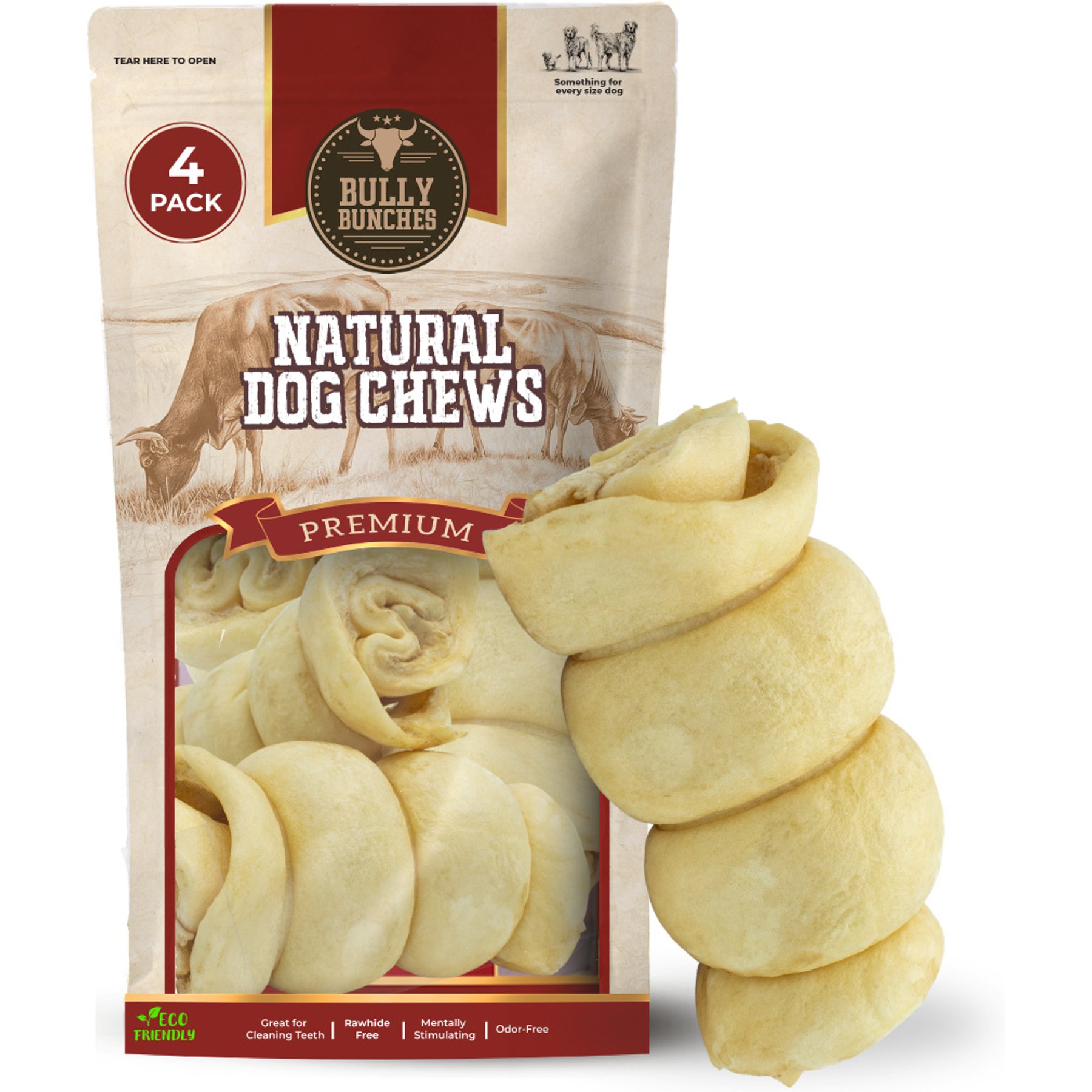 Bully Bunches 6-inch Peanut Butter Cheek Roll Natural Dog Chew, 4 count