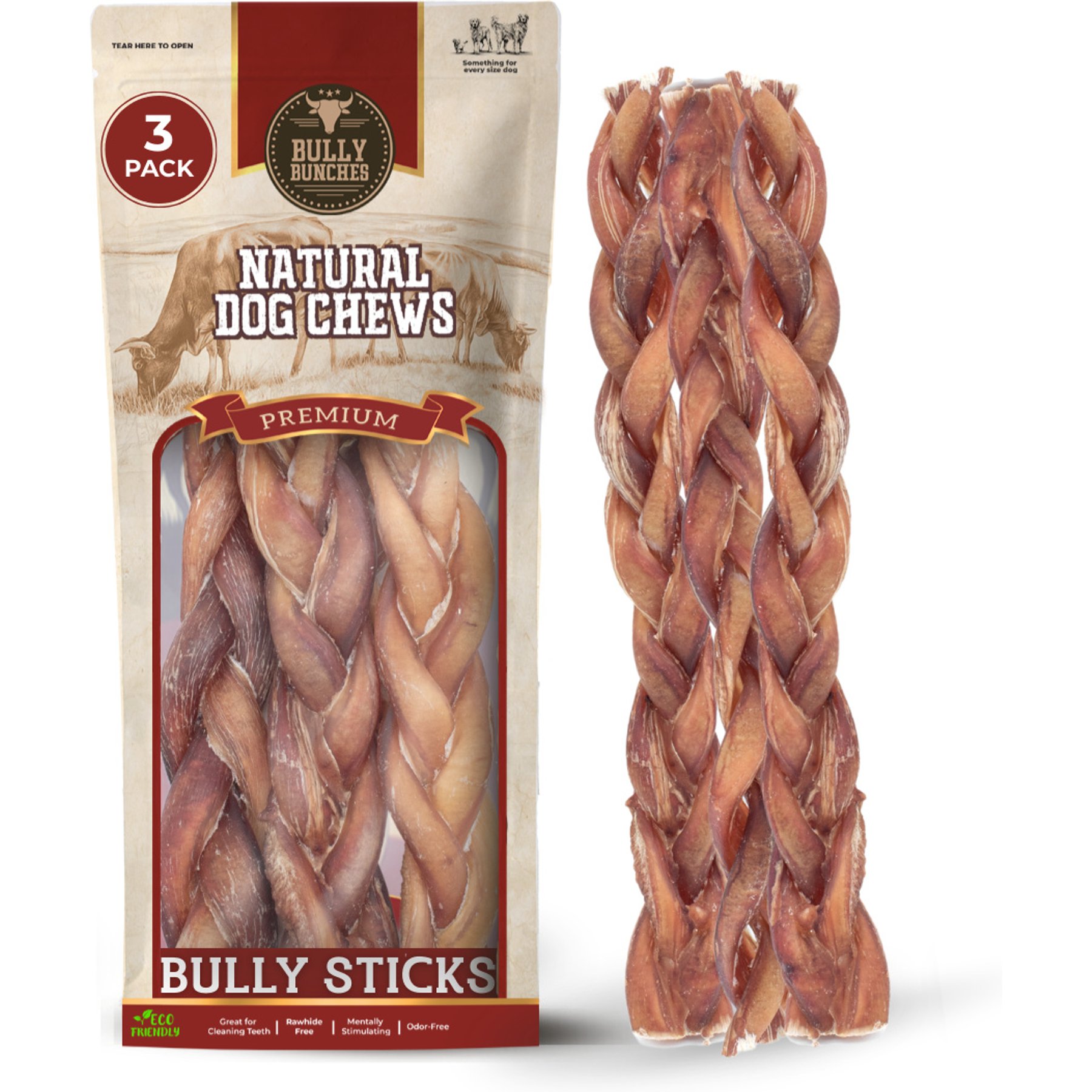 Bully Bunches 12-inch Standard Braided Bully Stick Dog Chew, 3 count