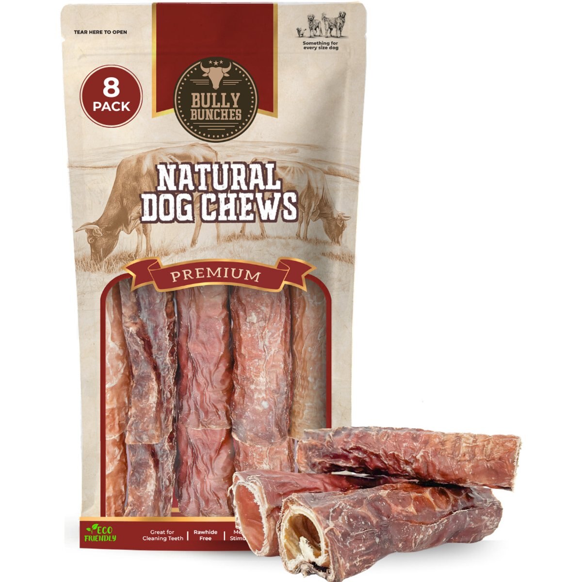 Bully Bunches 6-inch Beef Trachea Wrapped in Jerky Natural Dog Chew, 8 count