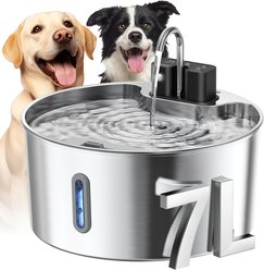 Voluas Indoor Wireless Battery Operated Automatic Stainless Steel Dispenser Dog Water Fountain with Ultra-Quiet Pump, Silver, 7-L
