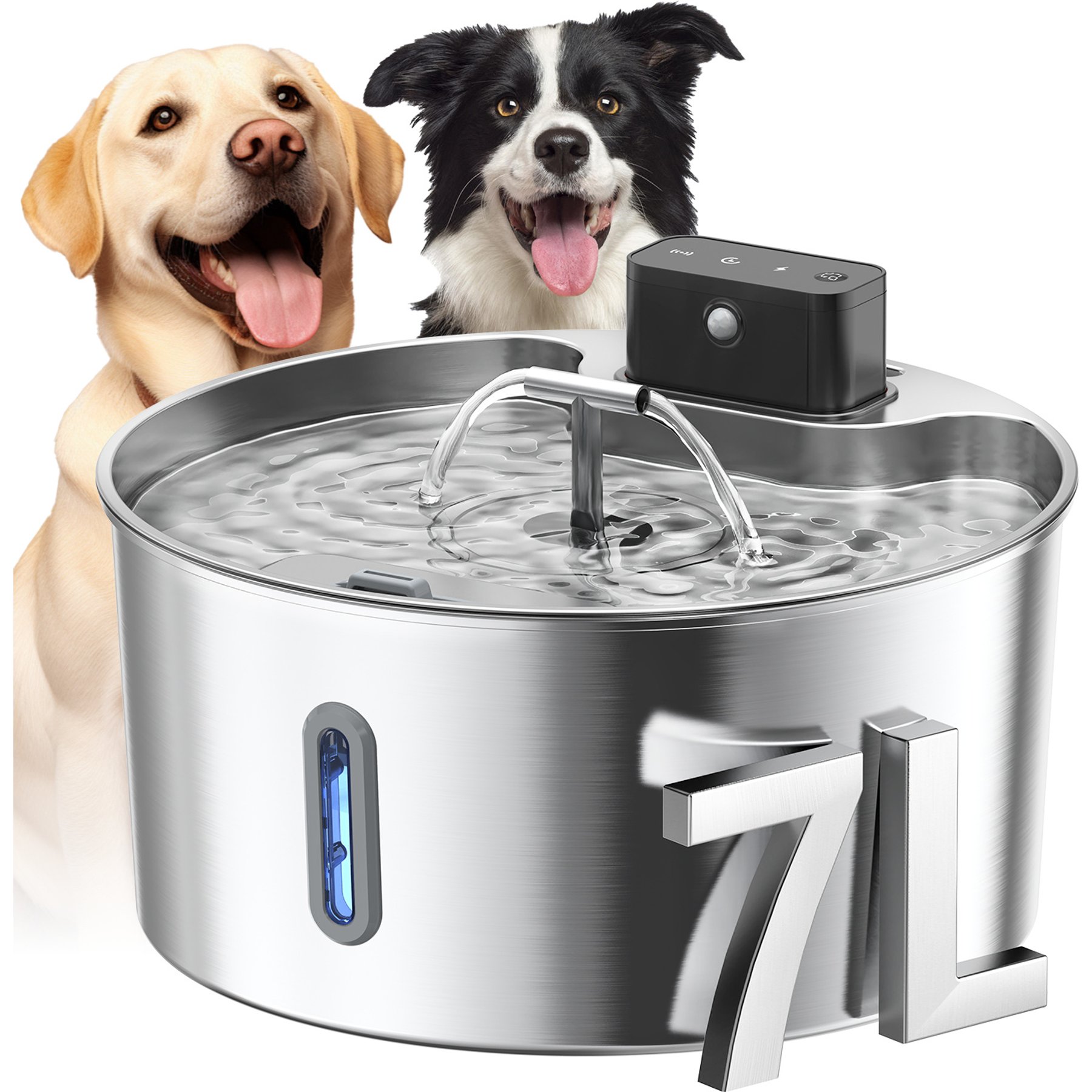 Voluas Indoor Wireless Battery Operated Automatic Stainless Steel Dispenser Dog & Cat Water Fountain with Ultra-Silence Pump, Silver, 7-L