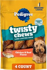 Pedigree Twisty Chews Chicken & Beef Flavor Long-Lasting Hard Chew Dog Treats, Medium/Large, 9.17-oz pouch, 4 count