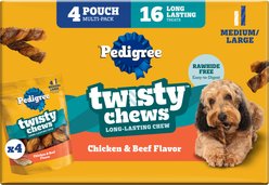 Pedigree Twisty Chews Chicken & Beef Flavor Long-Lasting Hard Chew Dog Treats, Medium/Large, 9.17-oz pouch, 16 count