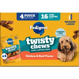 Pedigree Twisty Chews Chicken & Beef Flavor Long-Lasting Hard Chew Dog Treats, Medium/Large, 9.17-oz pouch, 16 count