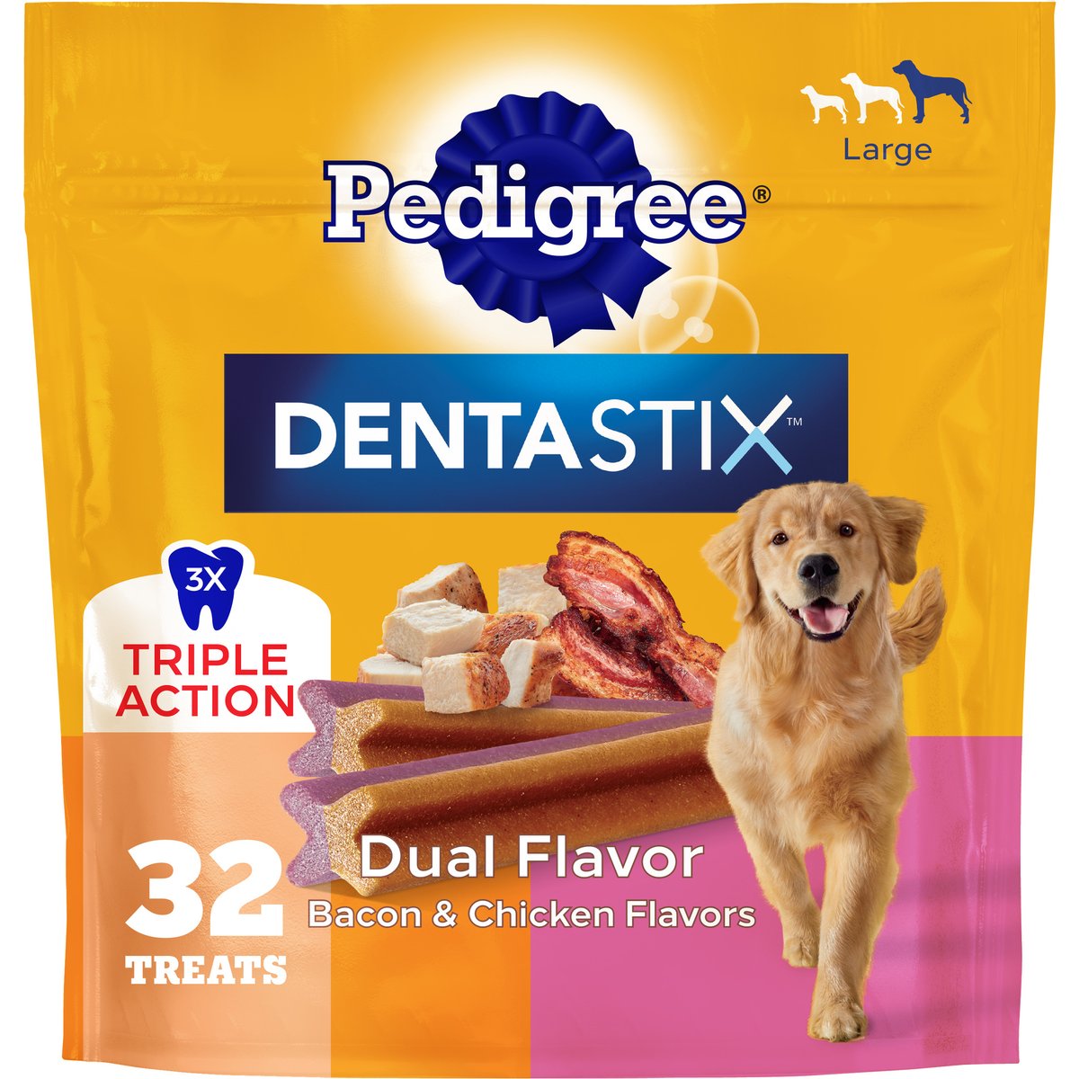 Pedigree Dentastix Dual Flavored Bacon & Chicken Flavored Large Dental Dog Treats, 32 count