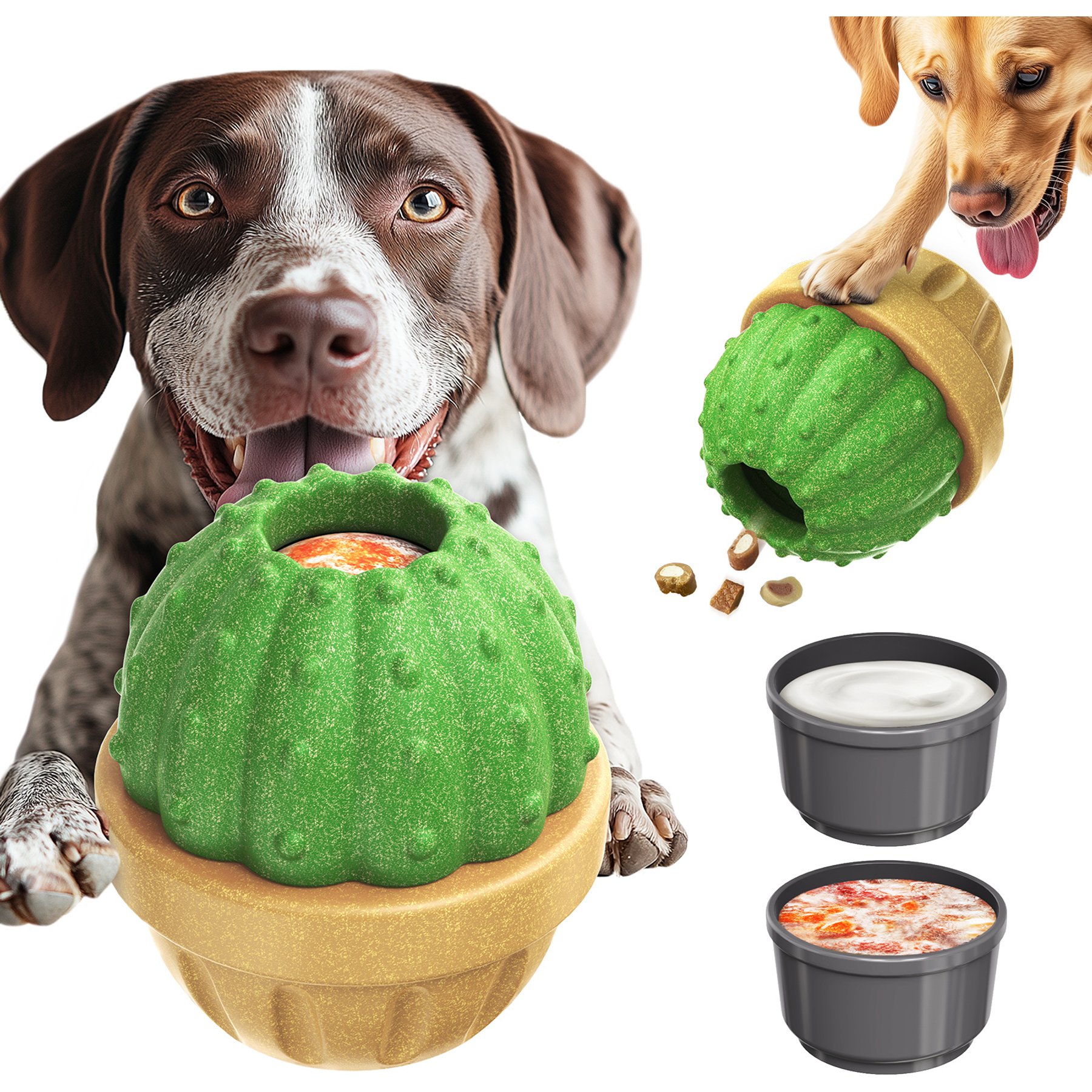 Dudpud 3-in-1 Cactus Fillable Freeze Enrichment Dog Treat Dispenser Chew Toy, Green