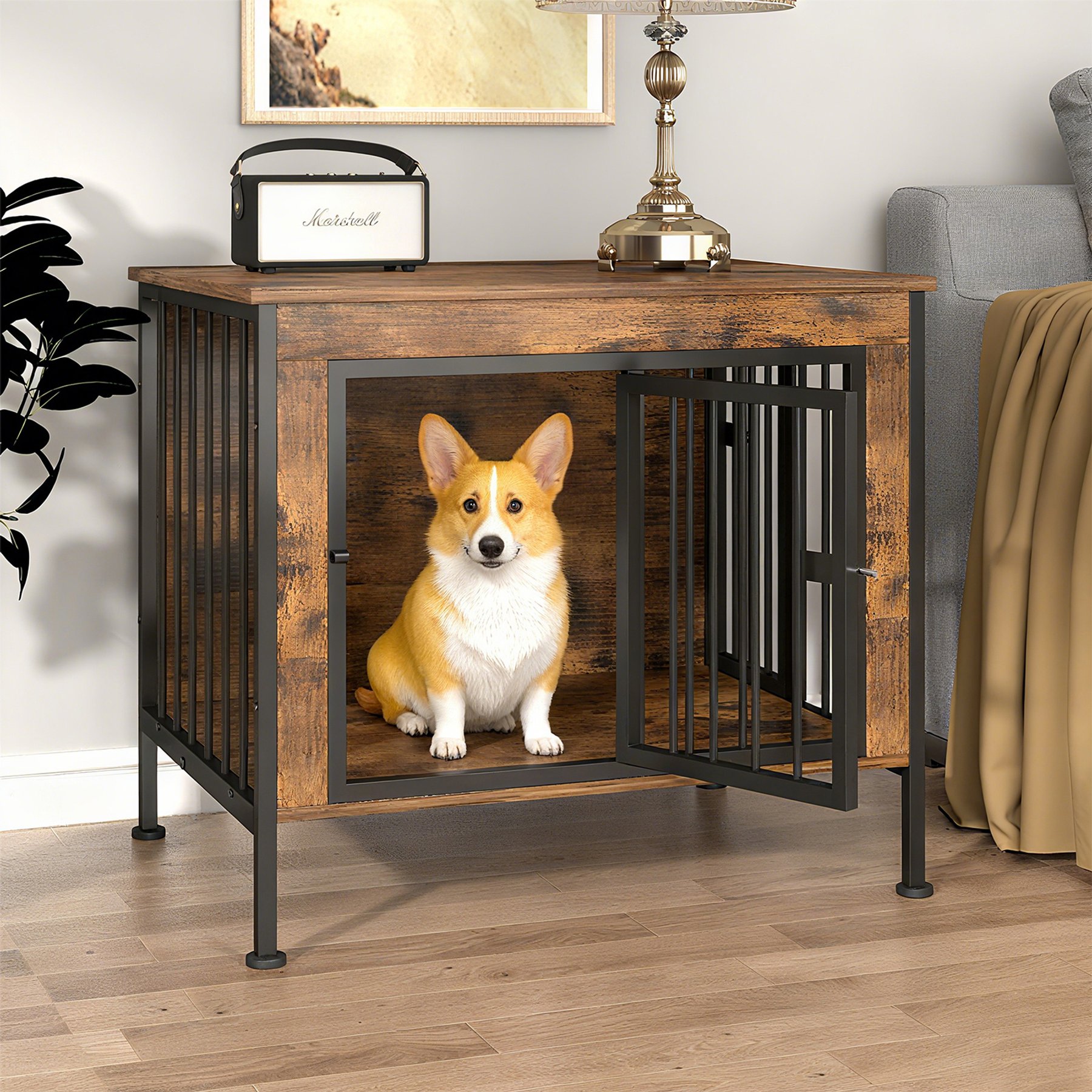 IronovaPets Heavy-Duty Wooden Side Table Storage Cabinet Crate for Small & Medium Dogs, Brown, 32-in