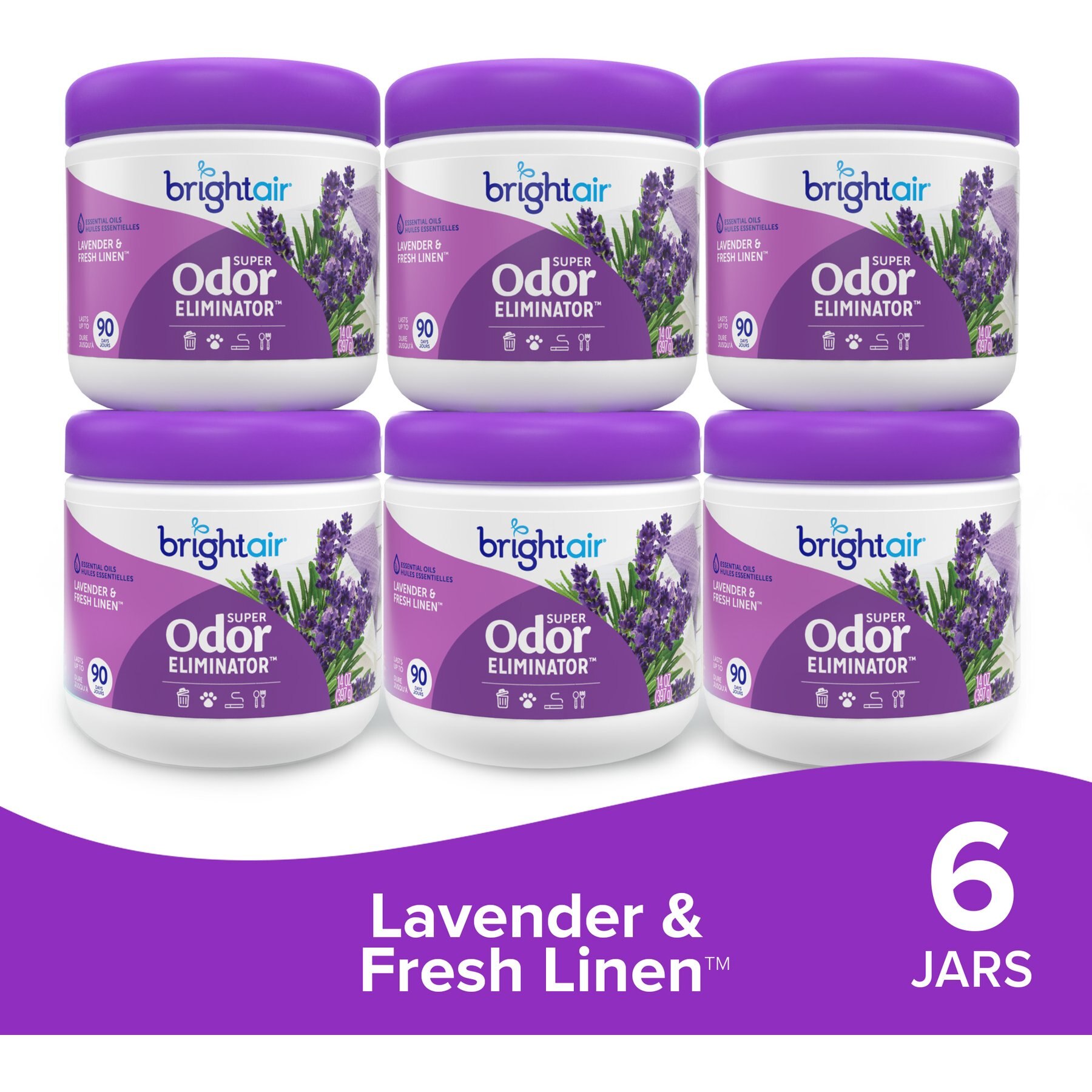 Bright Air Super Odor Eliminator Solid Air Freshener, Lavender & Fresh Linen, 14-oz jar, 6 count