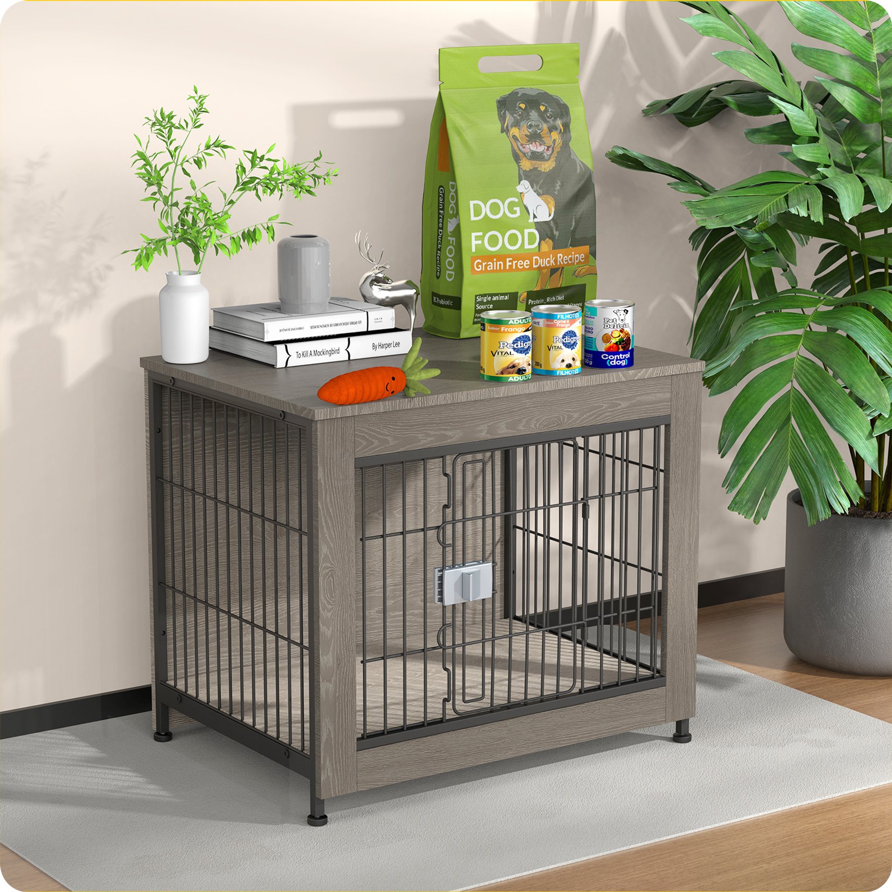 IronovaPets Multi-purpose Furniture-style Single Dog Cage with Lock, Small: 27-in, Light gray