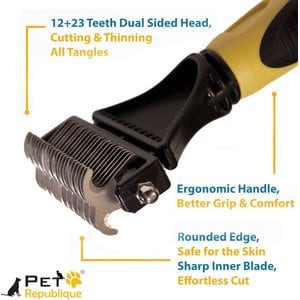 Pet Republique Dematting with 12+23 Dual-Side Blades Rake Matt Splitters Dog & Cat Brush, Yellow/Black