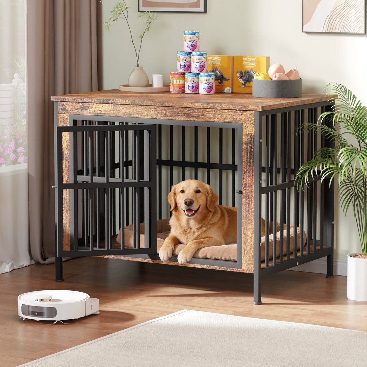 IronovaPets Single-Compartment Storage Cabinet Furniture Crate for Medium & Large Dogs, Brown, Large: 45-in